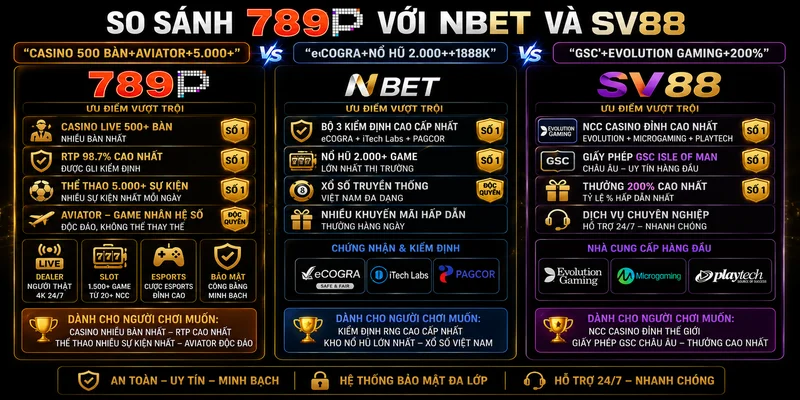 So Sánh 789P Với NBET Và SV88: "Casino 500 Bàn+Aviator+5.000+" vs "eCOGRA+Nổ Hũ 2.000++1888K" vs "GSC+Evolution Gaming+200%"